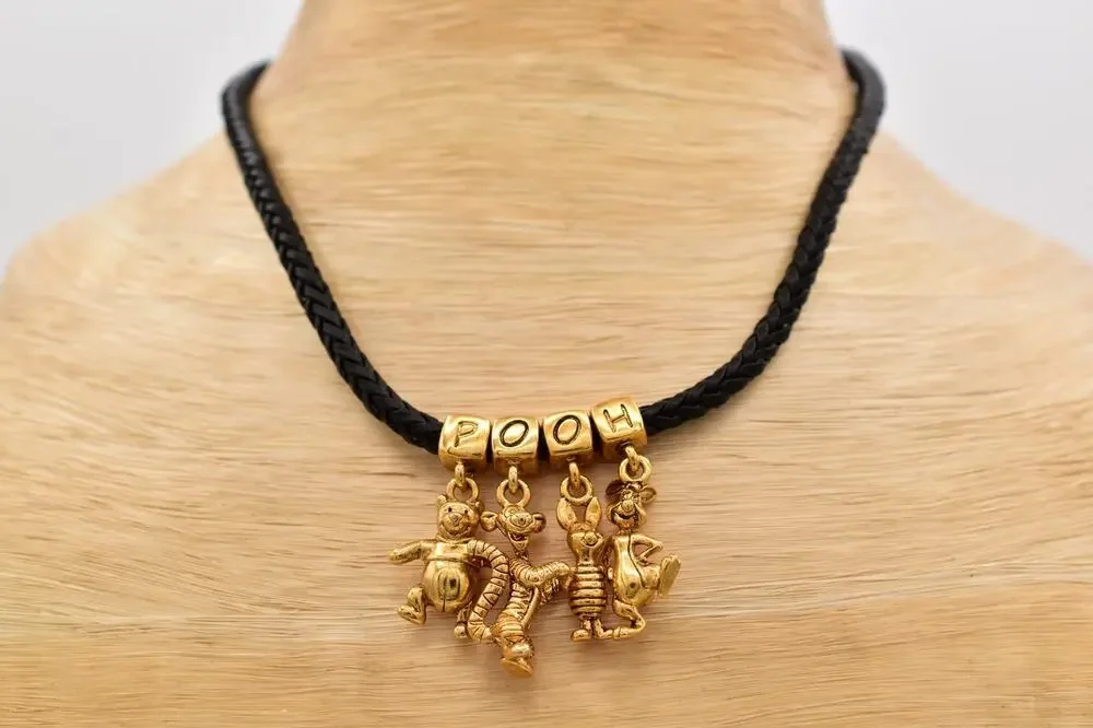 Disney Winnie the Pooh Charm Necklace Black Braided Cord Gold-Tone 1990s BinBE
